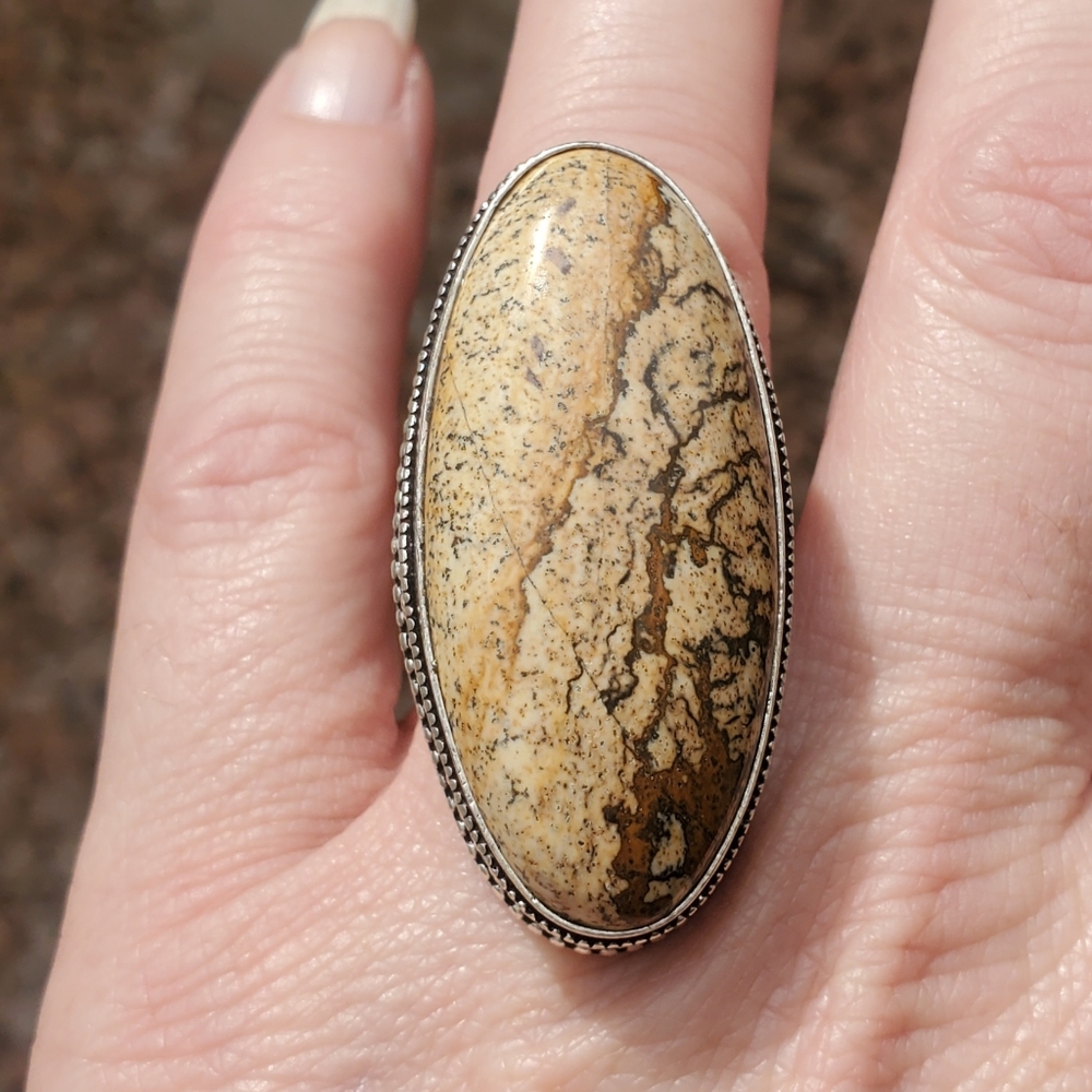 New Picture Jasper 925 Silver Statement Ring.